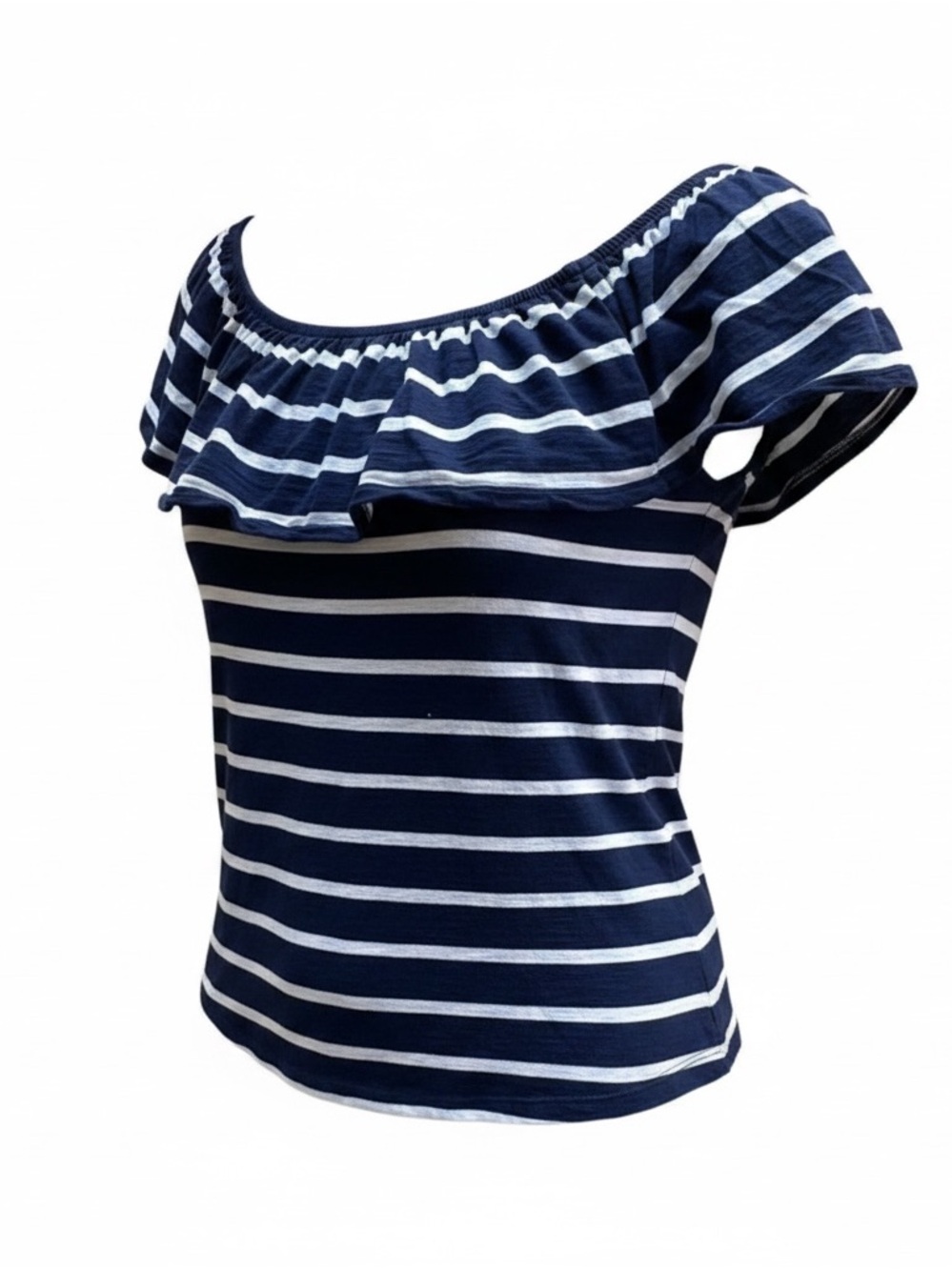Old Navy off the shoulder ruffled collar blue & white striped top